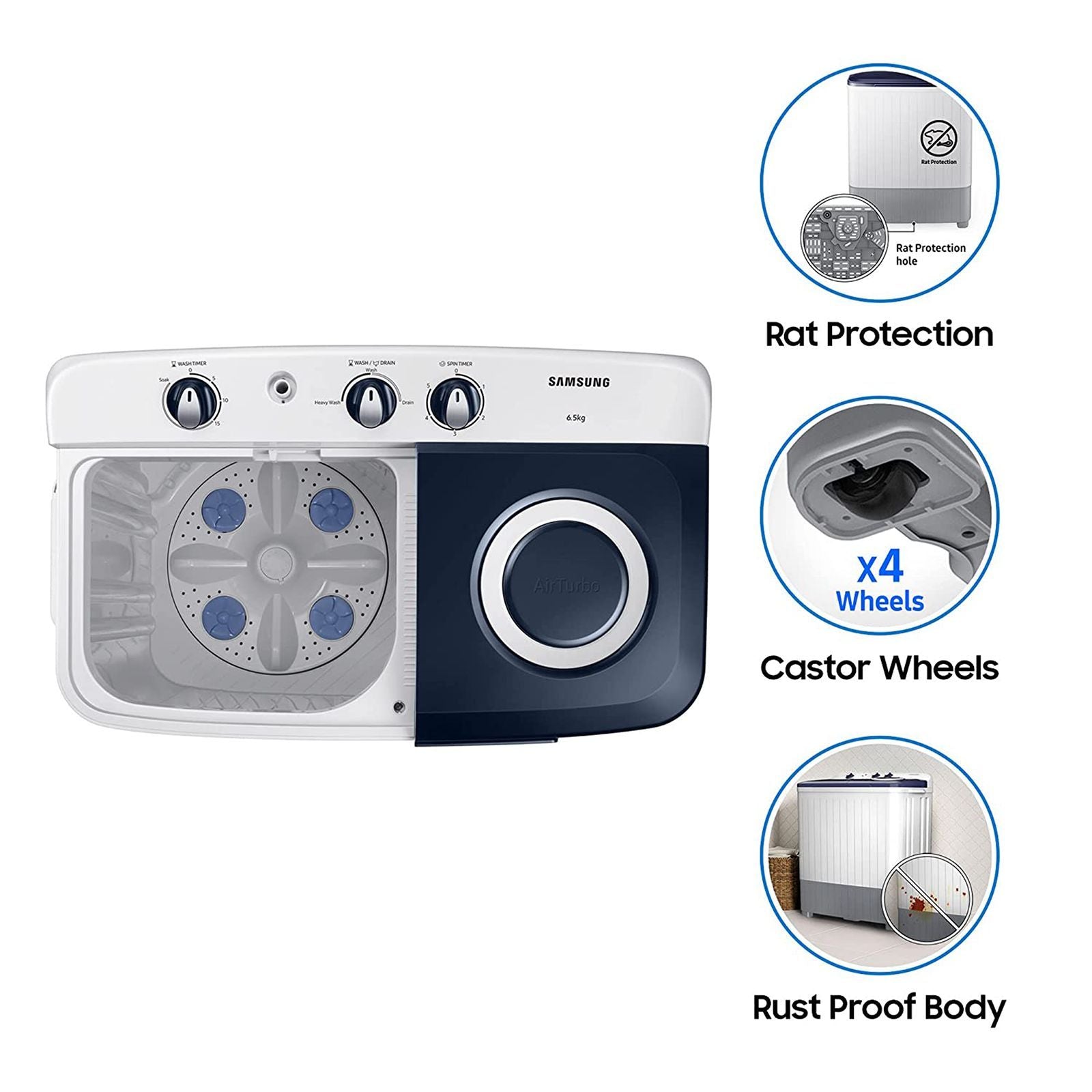 SAMSUNG 6.5 kg 5 Star Semi Automatic Washing Machine with Air Turbo Drying (WT65R2200LL/TL, Light Gray & Blue Base)