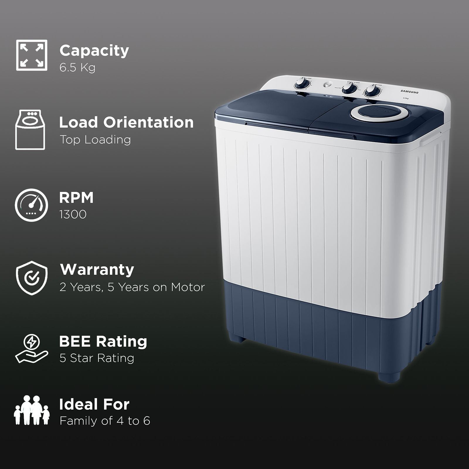 SAMSUNG 6.5 kg 5 Star Semi Automatic Washing Machine with Air Turbo Drying (WT65R2200LL/TL, Light Gray & Blue Base)