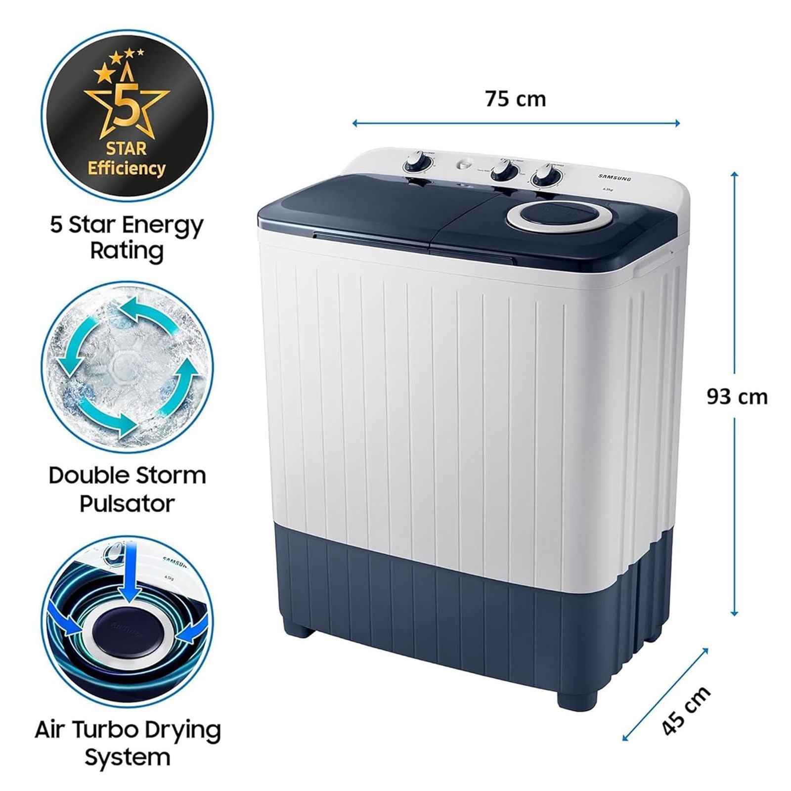 SAMSUNG 6.5 kg 5 Star Semi Automatic Washing Machine with Air Turbo Drying (WT65R2200LL/TL, Light Gray & Blue Base)