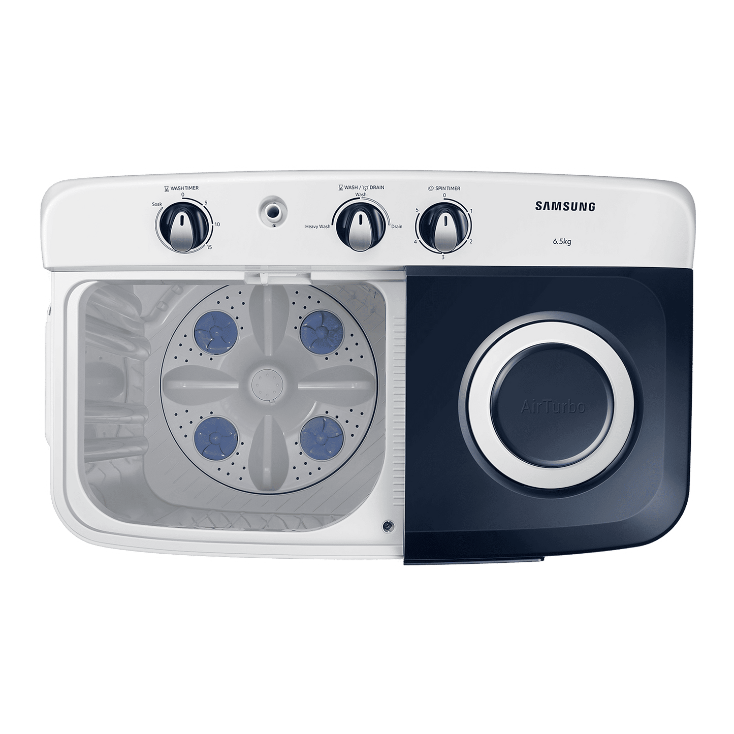 SAMSUNG 6.5 kg 5 Star Semi Automatic Washing Machine with Air Turbo Drying (WT65R2200LL/TL, Light Gray & Blue Base)