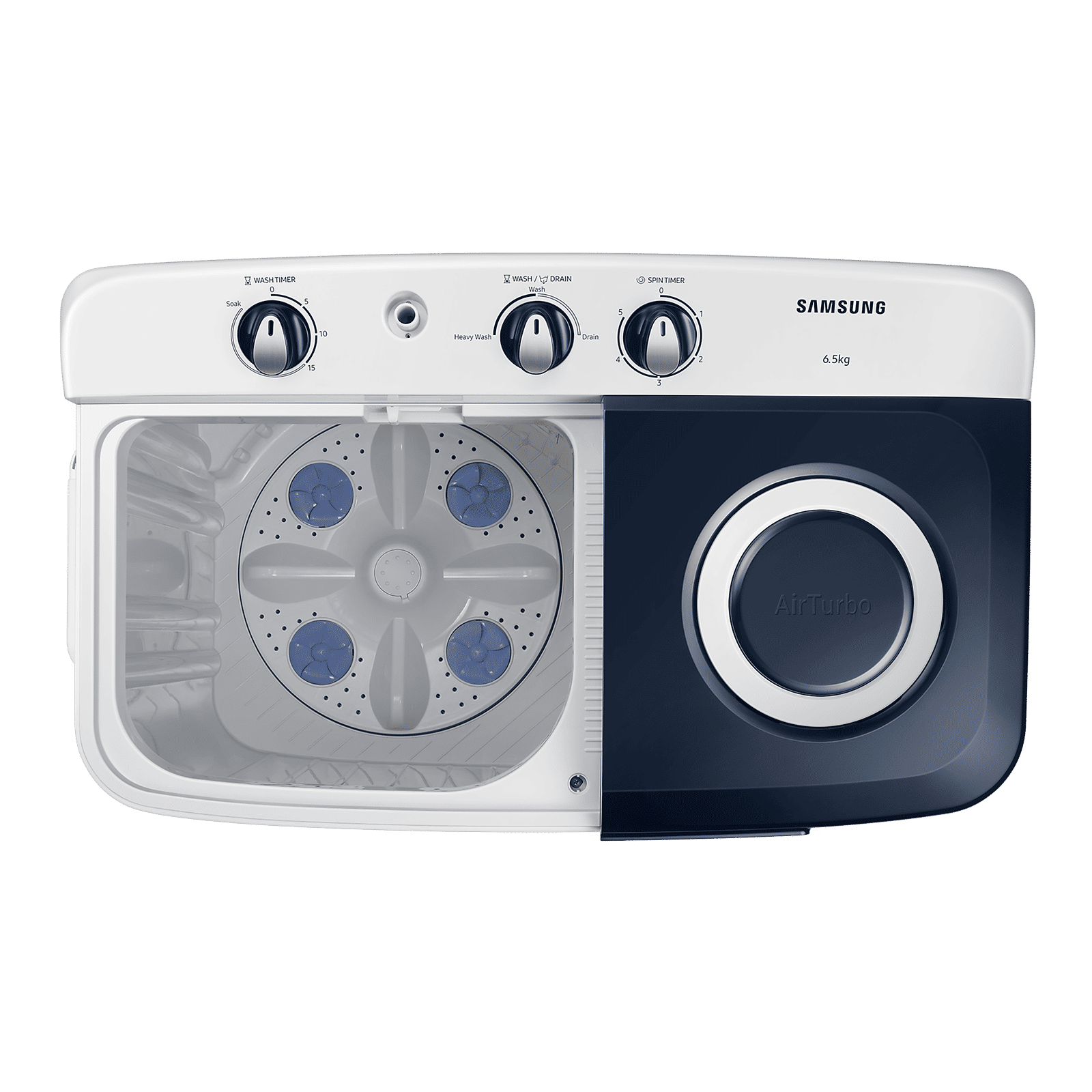 SAMSUNG 6.5 kg 5 Star Semi Automatic Washing Machine with Air Turbo Drying (WT65R2200LL/TL, Light Gray & Blue Base)