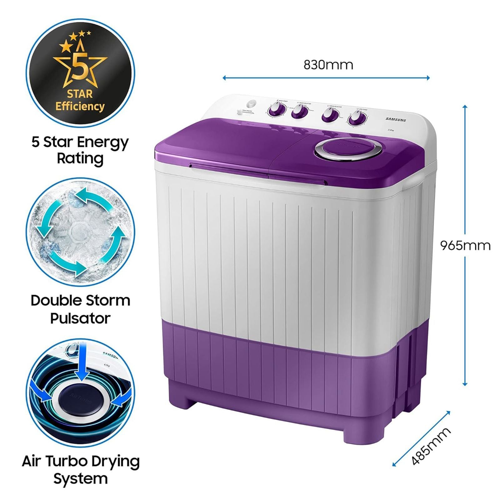 SAMSUNG 7 kg 5 Star Semi Automatic Washing Machine with Double Strong Pulsator (WT70M3000UU/TL, Light Gray & Voilet)