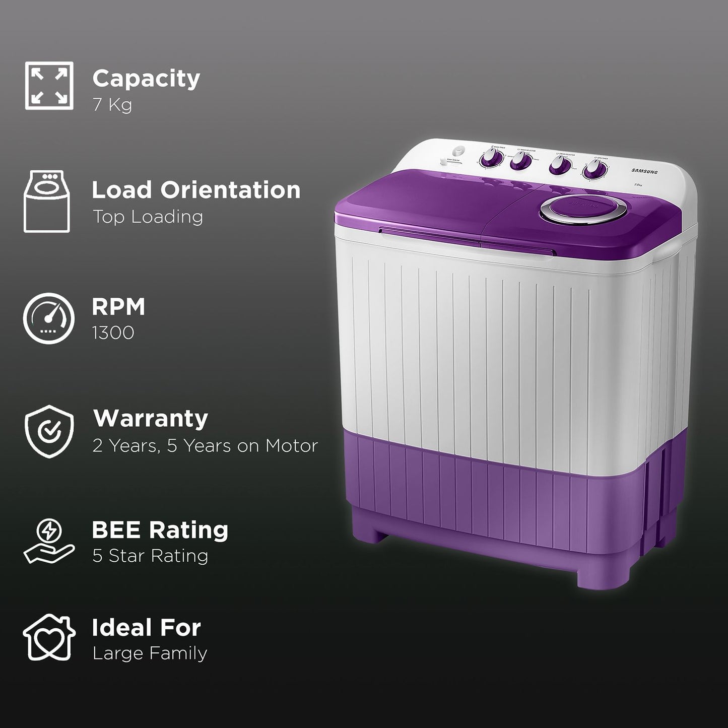 SAMSUNG 7 kg 5 Star Semi Automatic Washing Machine with Double Strong Pulsator (WT70M3000UU/TL, Light Gray & Voilet)