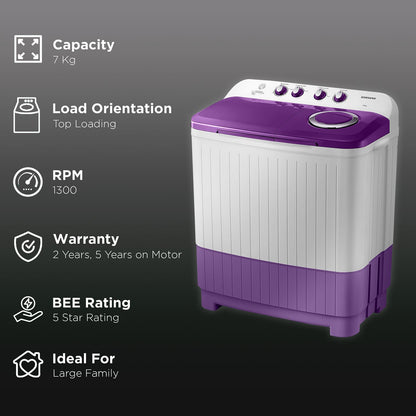 SAMSUNG 7 kg 5 Star Semi Automatic Washing Machine with Double Strong Pulsator (WT70M3000UU/TL, Light Gray & Voilet)