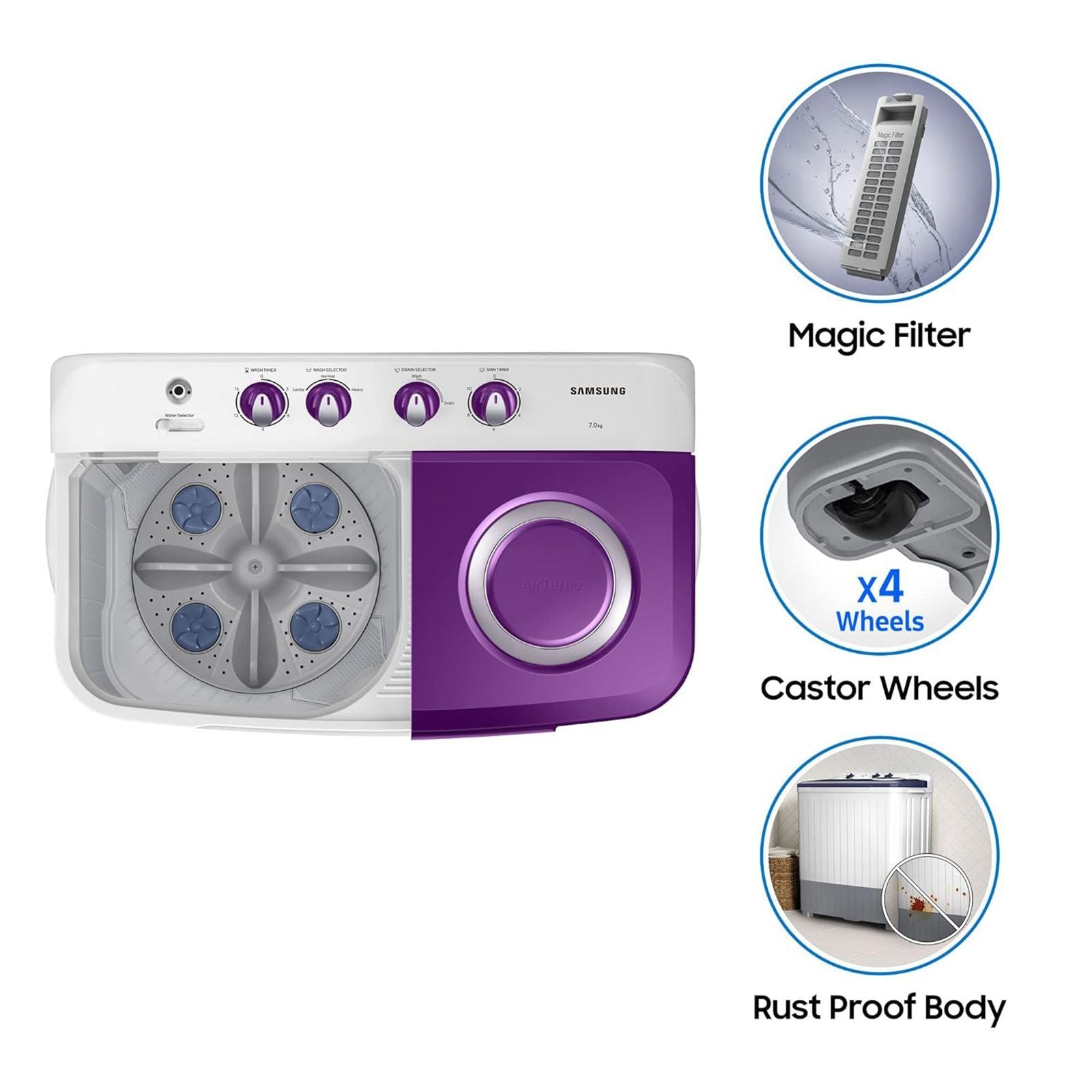 SAMSUNG 7 kg 5 Star Semi Automatic Washing Machine with Double Strong Pulsator (WT70M3000UU/TL, Light Gray & Voilet)