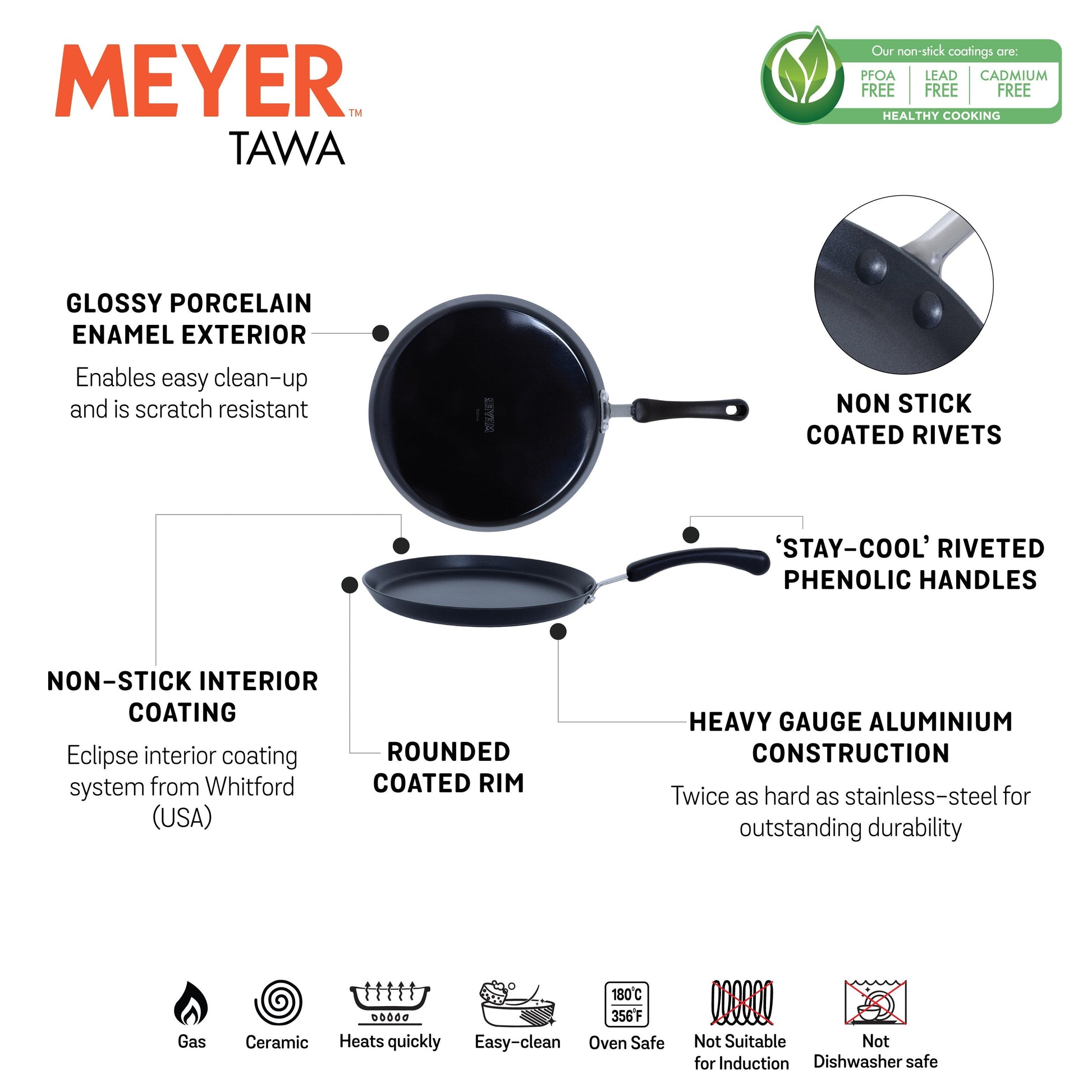 Meyer Premium Non-Stick (3mm thick)28cm Flat Dosa Tawa, Black