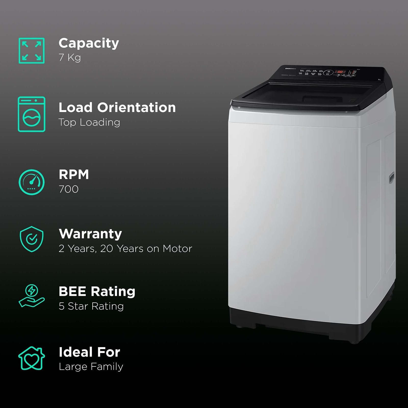 SAMSUNG 7 kg 5 Star Fully Automatic Top Load Washing Machine (WA70BG4441BYTL, Diamond Drum, Lavender Gray)