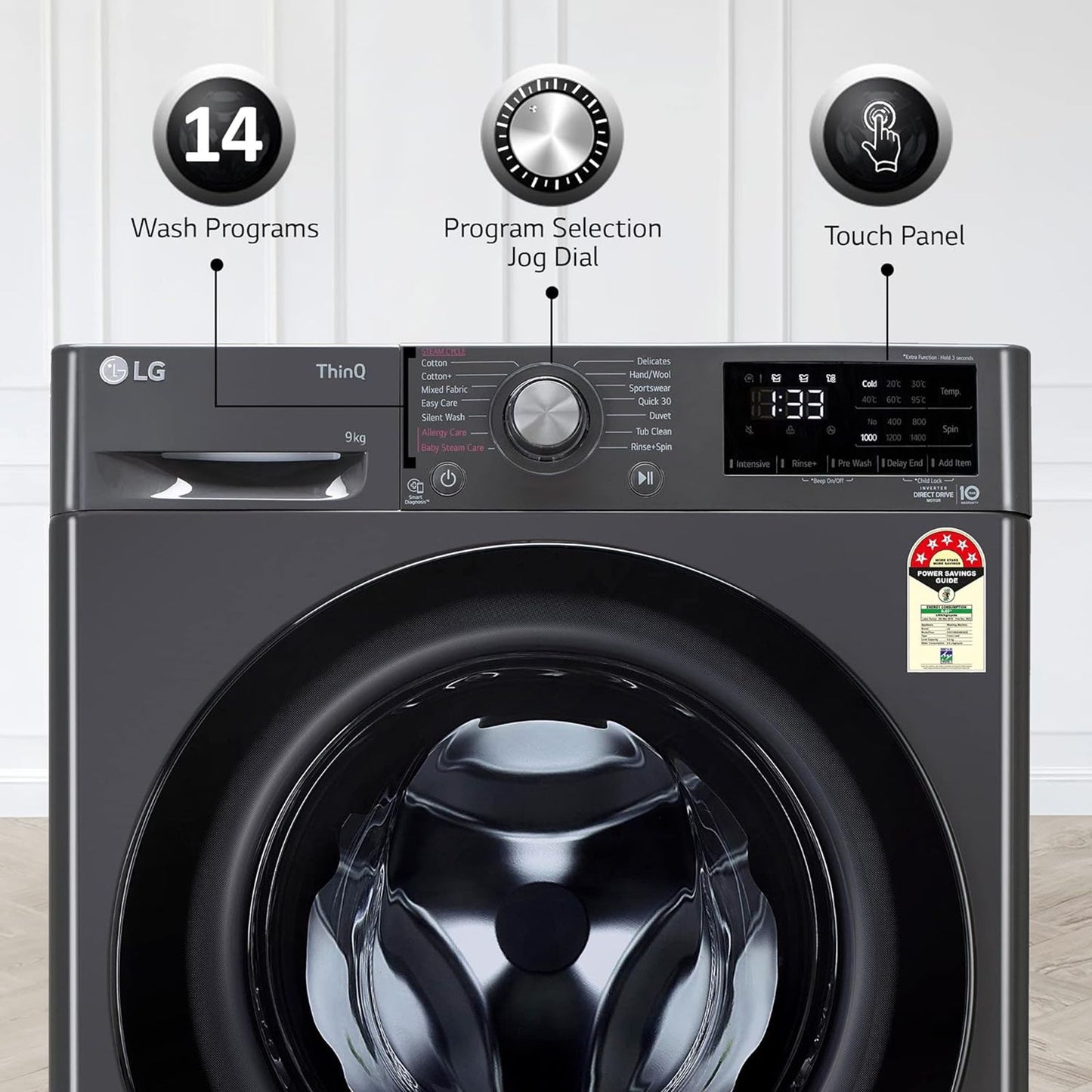 LG 9kg 5 Star Fully Automatic Front Load Washing Machine (FHV1409Z4M.ABMQEIL, LG ThinQ with Wi-Fi, Middle Black)
