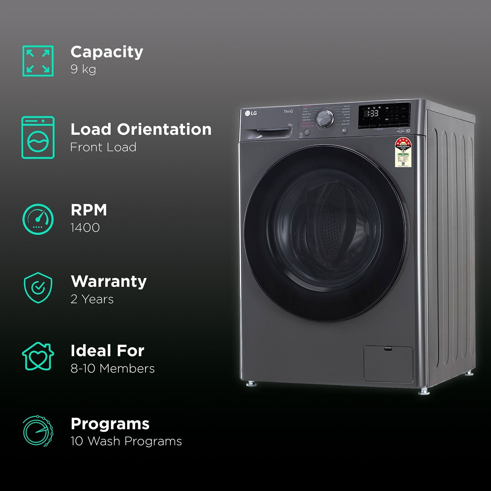 LG 9kg 5 Star Fully Automatic Front Load Washing Machine (FHV1409Z4M.ABMQEIL, LG ThinQ with Wi-Fi, Middle Black)