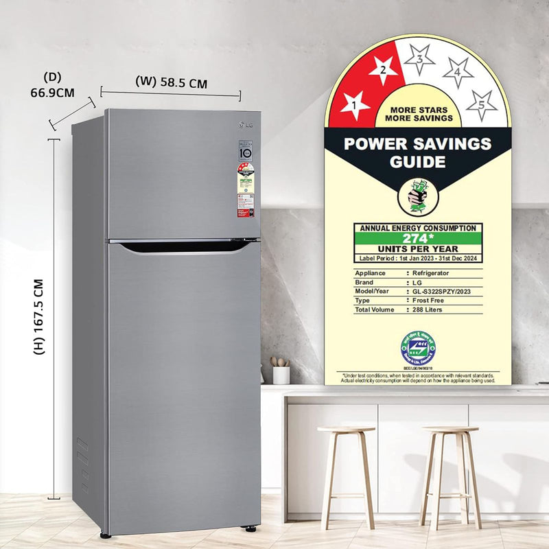 LG 288 Litres 2 Star Frost Free Double Door Convertible Refrigerator with Multi Air Flow (GL-S322SPZY.APZZEB, Shiny Steel)