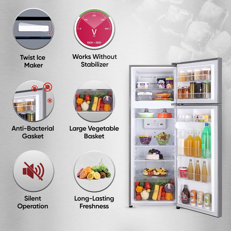 LG 288 Litres 2 Star Frost Free Double Door Convertible Refrigerator with Multi Air Flow (GL-S322SPZY.APZZEB, Shiny Steel)