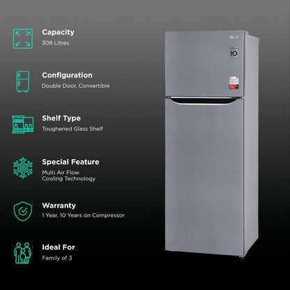 LG 288 Litres 2 Star Frost Free Double Door Convertible Refrigerator with Multi Air Flow (GL-S322SPZY.APZZEB, Shiny Steel)