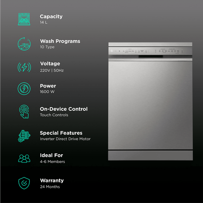 LG 14 Place Settings Free Standing Dishwasher with Inverter Direct Drive (Silver)