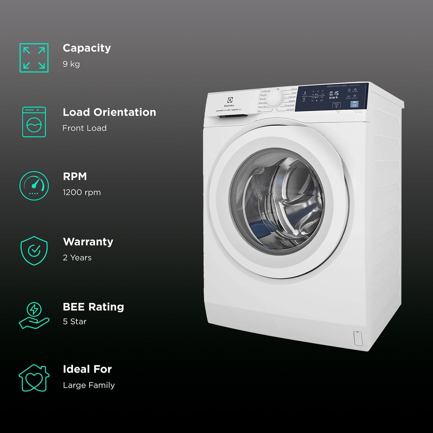 Electrolux 9 kg 5 Star Fully Automatic Front Load Washing Machine (UltimateCare 300, EWF9024D3WB, HygienicCare, White)