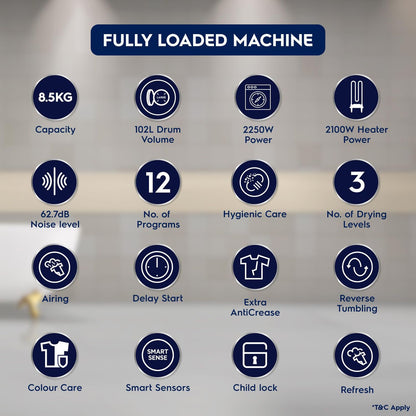 Electrolux 8.5 Kg Fully Automatic Front Load Dryer (UltimateCare 300, EDV854J3WB, ReverseTumbling, White)