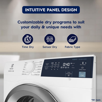 Electrolux 8.5 Kg Fully Automatic Front Load Dryer (UltimateCare 300, EDV854J3WB, ReverseTumbling, White)