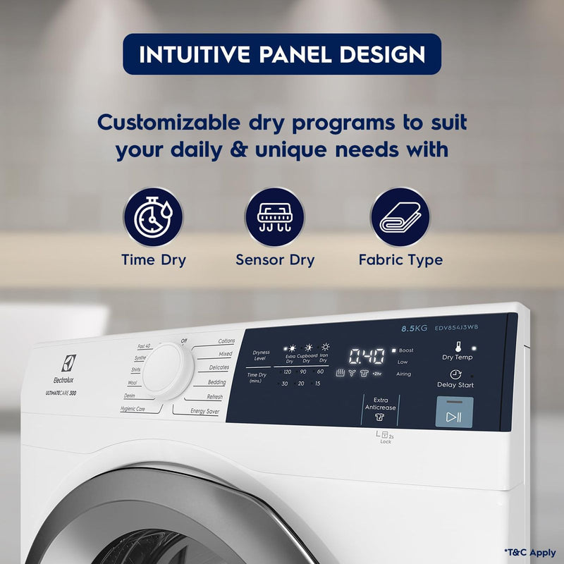 Electrolux 8.5 Kg Fully Automatic Front Load Dryer (UltimateCare 300, EDV854J3WB, ReverseTumbling, White)
