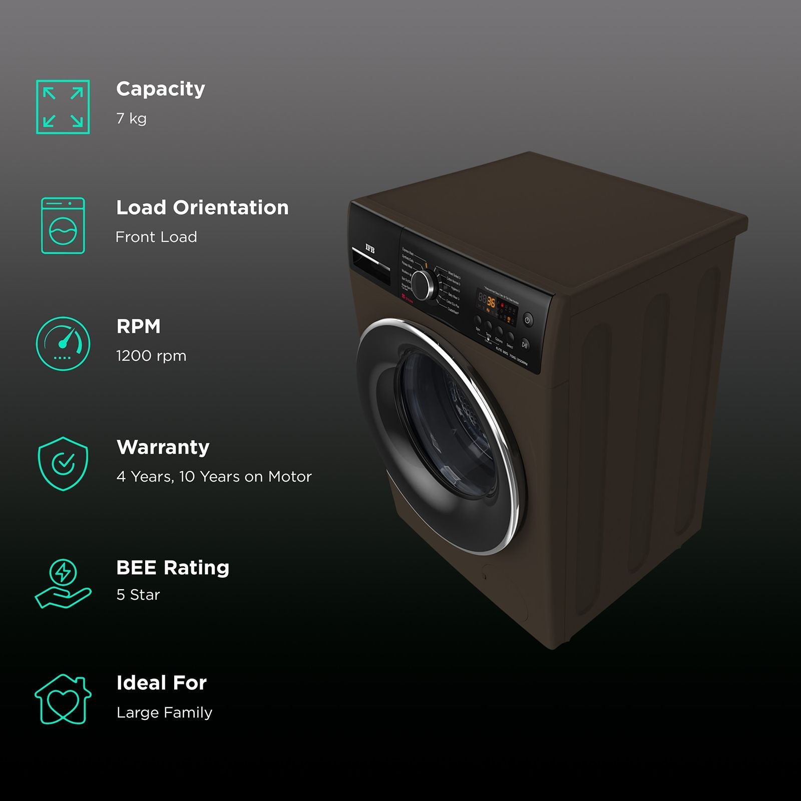 IFB 7 kg 5 Star Fully Automatic Front Load Washing Machine (Elite MXS 7012, Crescent Moon Drum, Mocha)