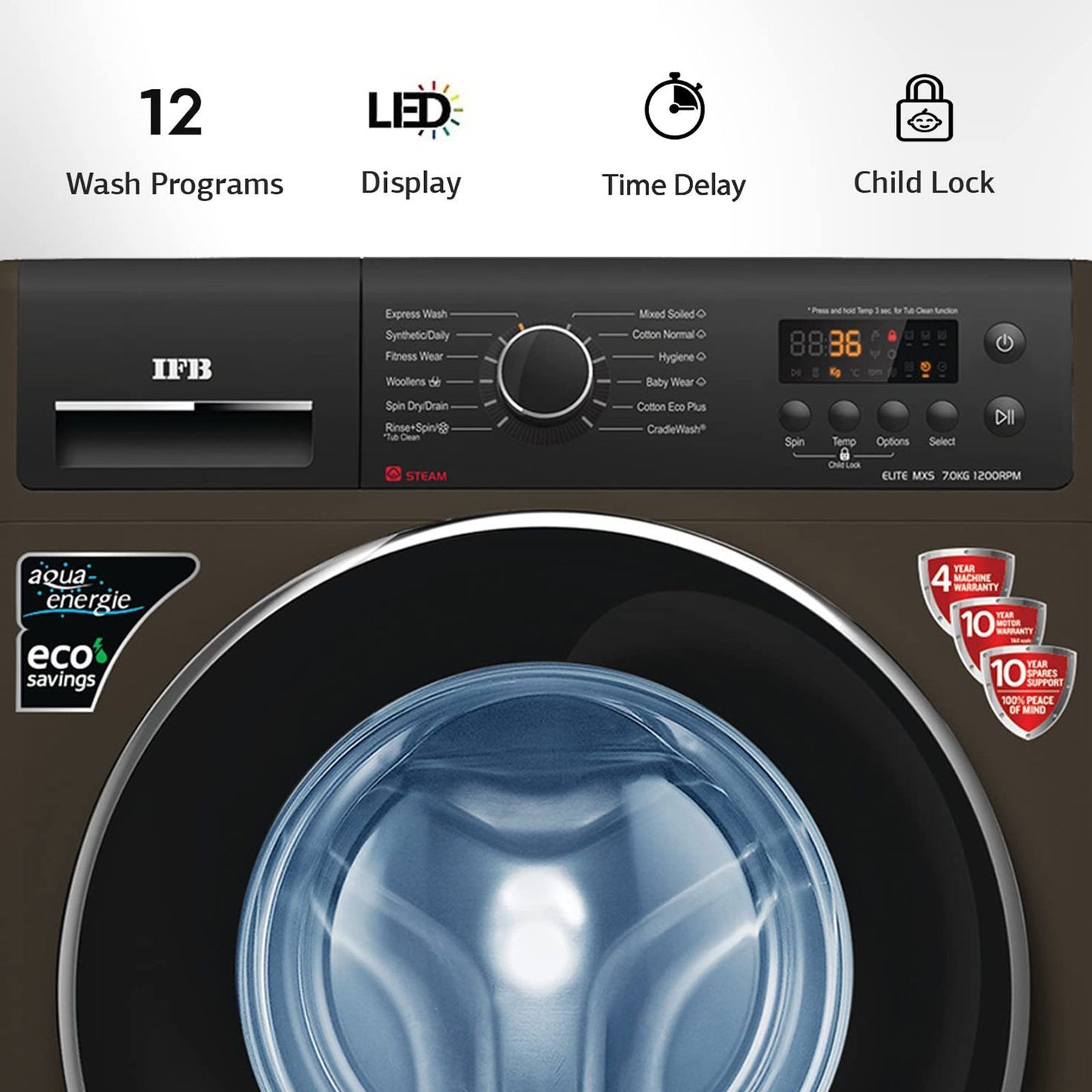 IFB 7 kg 5 Star Fully Automatic Front Load Washing Machine (Elite MXS 7012, Crescent Moon Drum, Mocha)