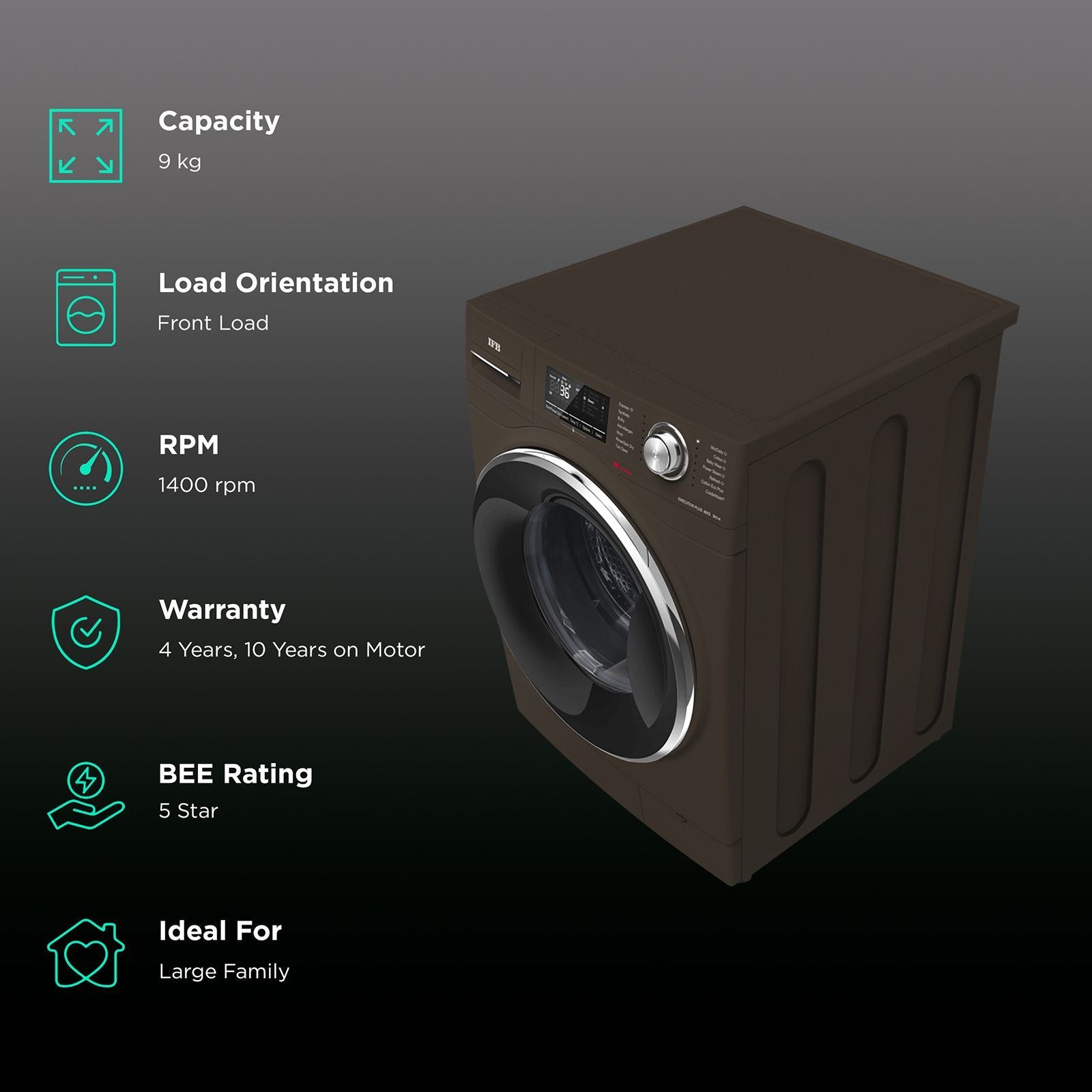 IFB 9 kg 5 Star Fully Automatic Front Load Washing Machine (Executive Plus MXS 9014, Crescent Moon Drum, Mocha)