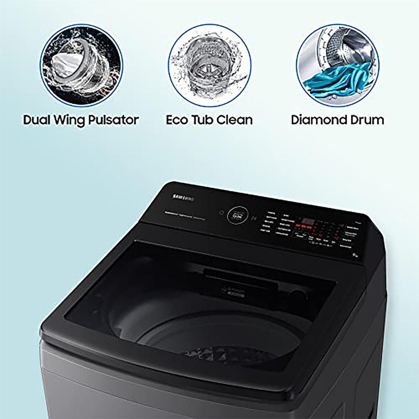 SAMSUNG 9 Kg 5 Star Inverter Fully Automatic Top Load Washing Machine (WA90BG4542BDTL, Diamond Drum, Dark Grey)
