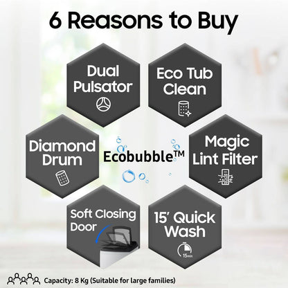 SAMSUNG 8 Kg 5 Star Inverter Fully Automatic Top Load Washing Machine (WA80BG4441BGTL, Diamond Drum, Light Grey)