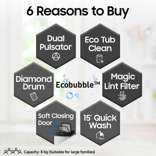 SAMSUNG 8 Kg 5 Star Inverter Fully Automatic Top Load Washing Machine (WA80BG4441BGTL, Diamond Drum, Light Grey)