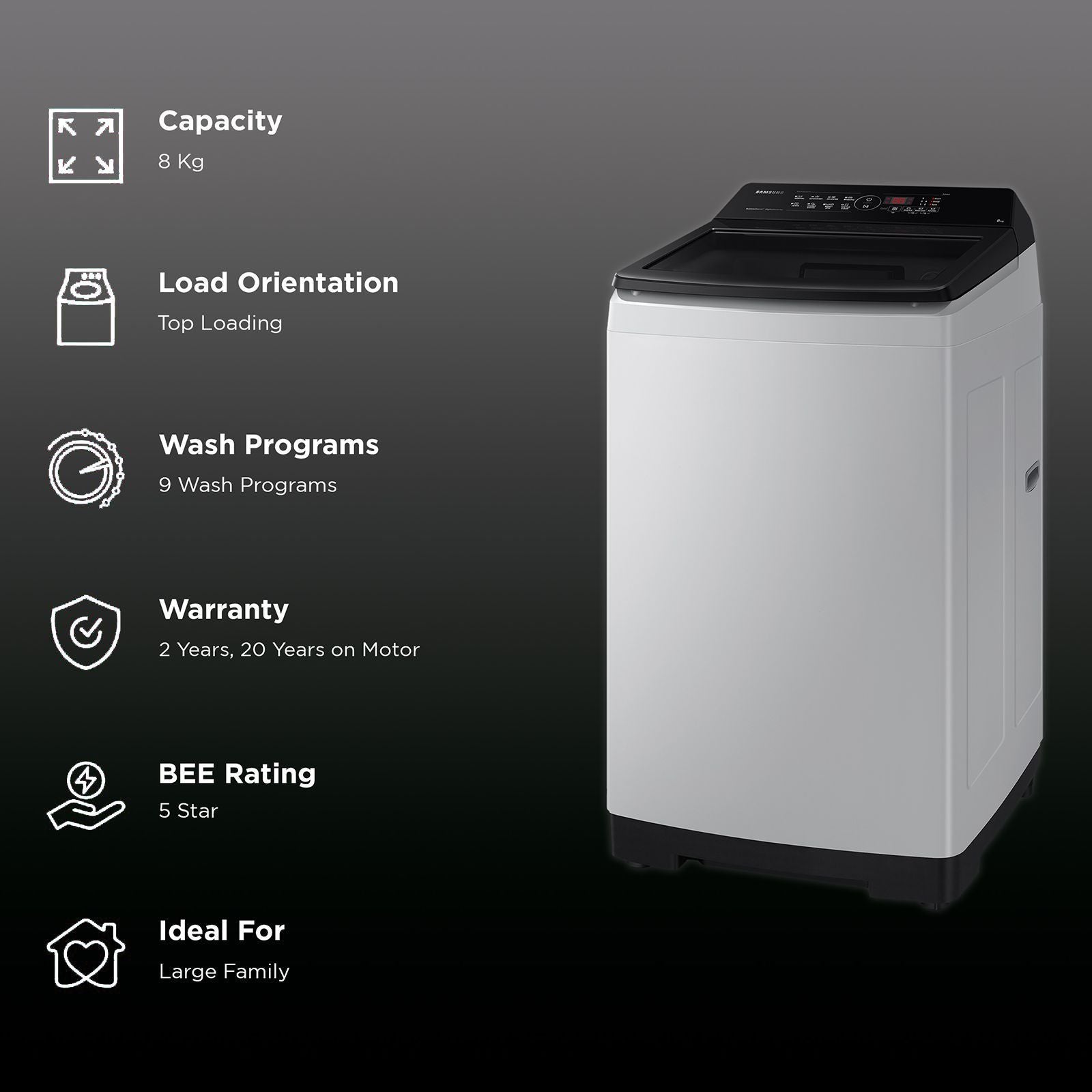 SAMSUNG 8 Kg 5 Star Inverter Fully Automatic Top Load Washing Machine (WA80BG4441BGTL, Diamond Drum, Light Grey)