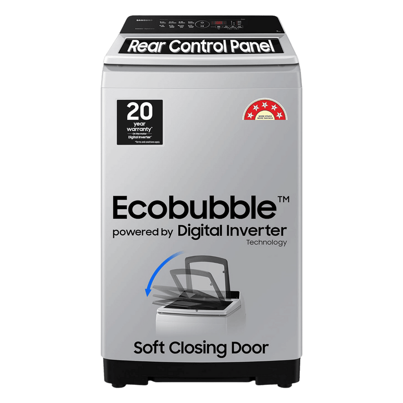 SAMSUNG 7 Kg 5 Star Inverter Fully Automatic Top Load Washing Machine (WA70BG4441YYTL, Ecobubble Technology, Lavender Grey)