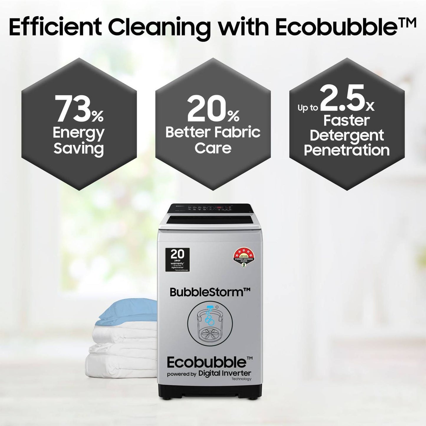 SAMSUNG 7 Kg 5 Star Inverter Fully Automatic Top Load Washing Machine (WA70BG4441YYTL, Ecobubble Technology, Lavender Grey)