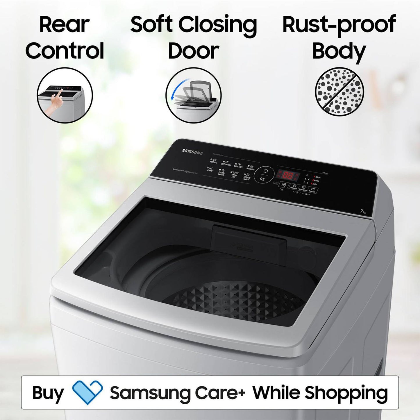 SAMSUNG 7 Kg 5 Star Inverter Fully Automatic Top Load Washing Machine (WA70BG4441YYTL, Ecobubble Technology, Lavender Grey)
