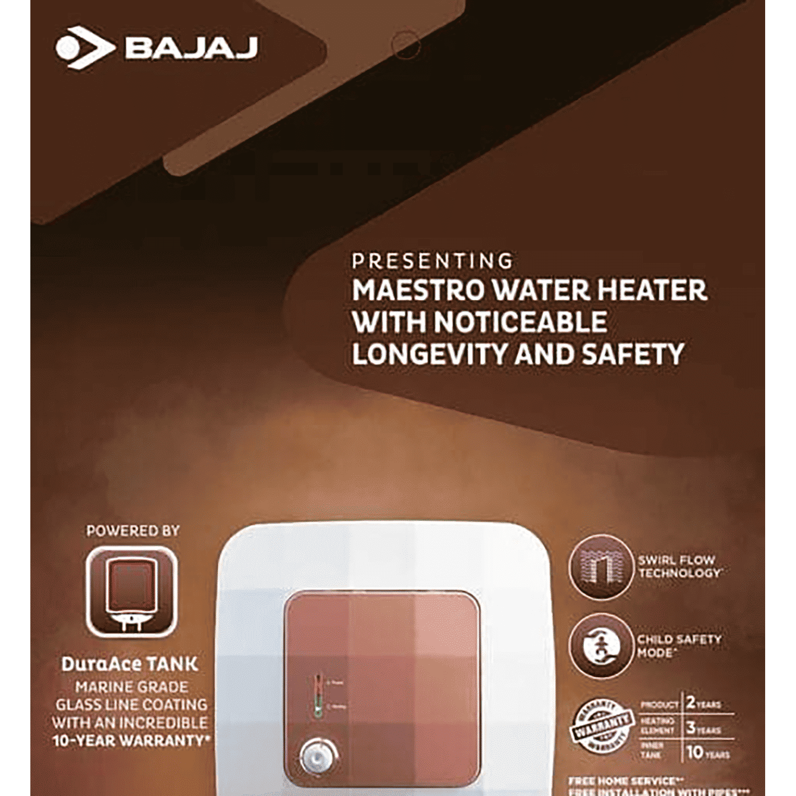 BAJAJ Maestro 10 Liters 5 Star Vertical Storage Water Heater with Copper Heating Element (White & Beige)