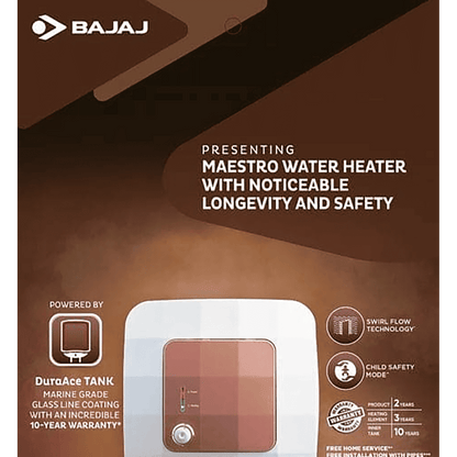 BAJAJ Maestro 10 Liters 5 Star Vertical Storage Water Heater with Copper Heating Element (White & Beige)