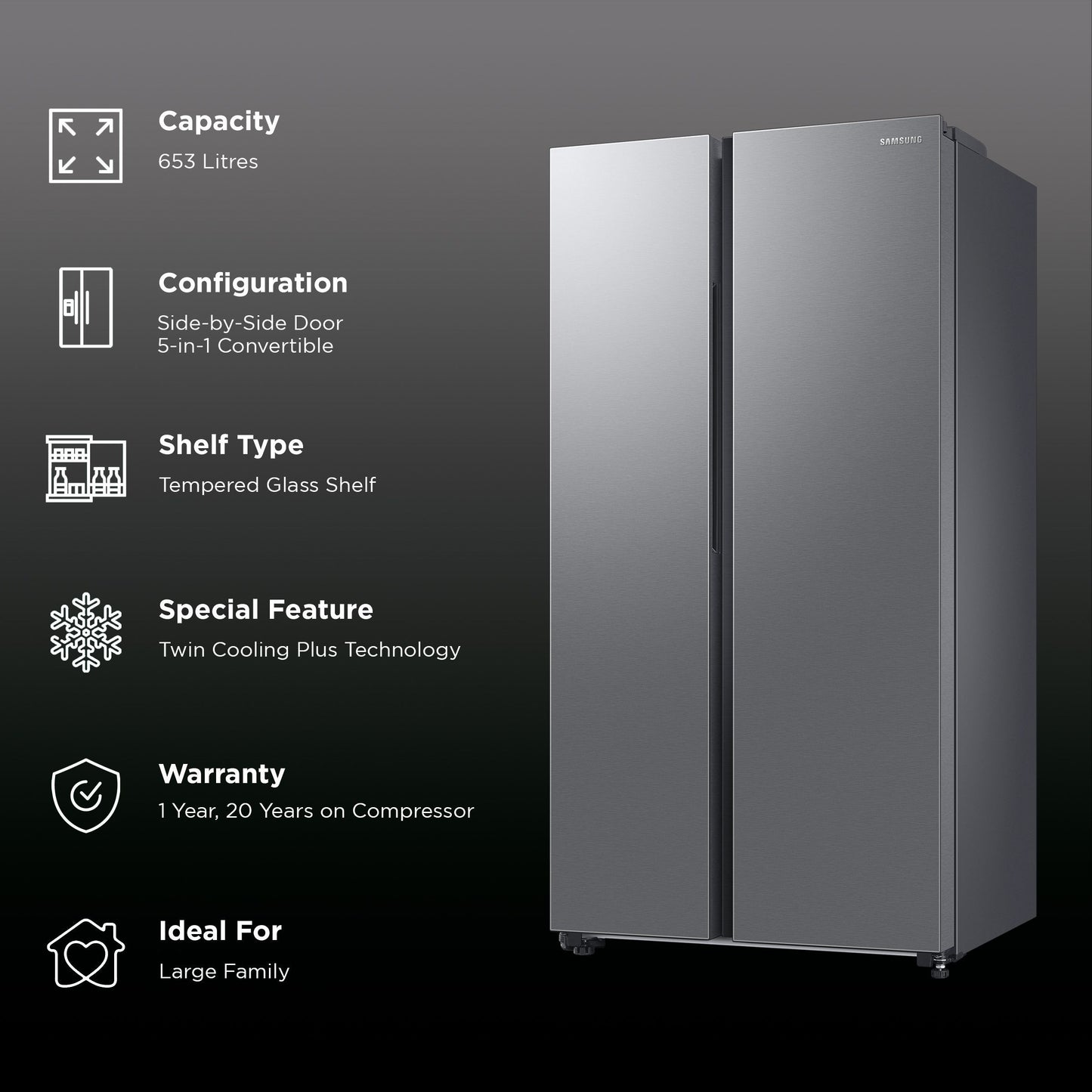SAMSUNG 653 Litres 3 Star Auto Defrost Side by Side Refrigerator with Twin Cooling Plus (RS76CG8113SLHL, EZ Clean Steel)