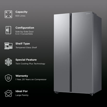 SAMSUNG 653 Litres 3 Star Auto Defrost Side by Side Refrigerator with Twin Cooling Plus (RS76CG8113SLHL, EZ Clean Steel)