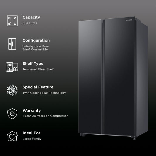 SAMSUNG 653 Litres 3 Star Side by Side Refrigerator with AI Energy Mode (RS76CG8113B1HL, Black DOI)