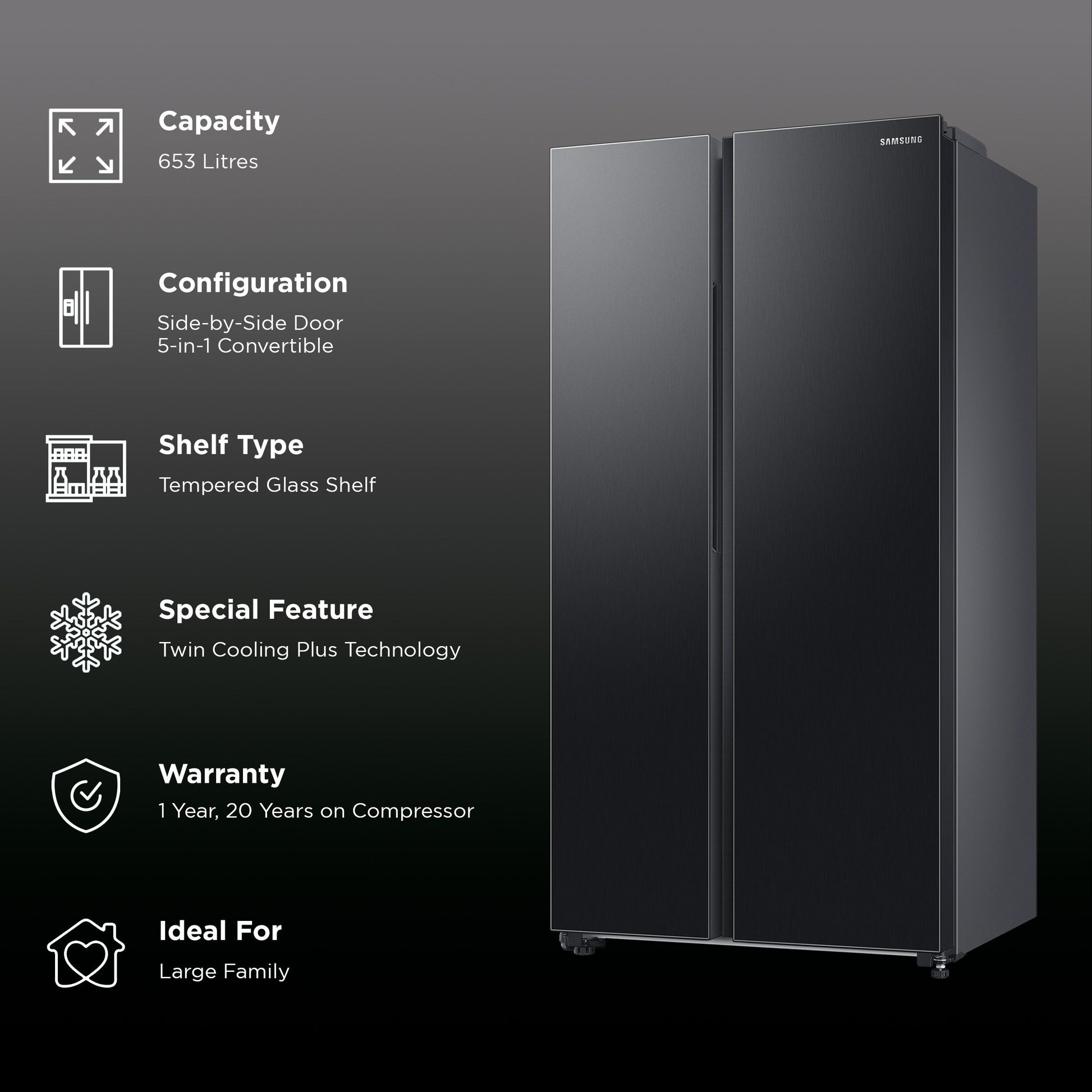 SAMSUNG 653 Litres 3 Star Side by Side Refrigerator with AI Energy Mode (RS76CG8113B1HL, Black DOI)