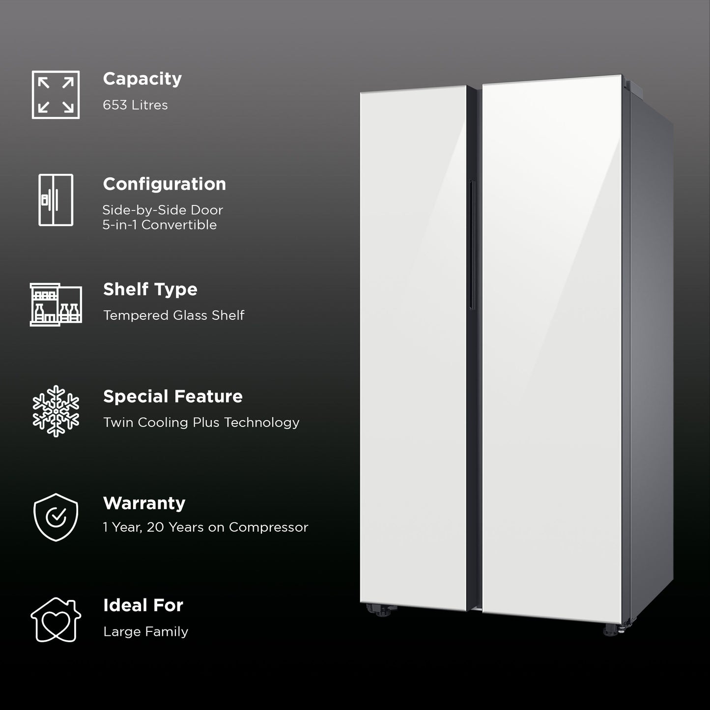 SAMSUNG 653 Litres 3 Star Auto Defrost Side by Side Refrigerator with Twin Cooling Plus (RS76CB811312HL, Clean White)