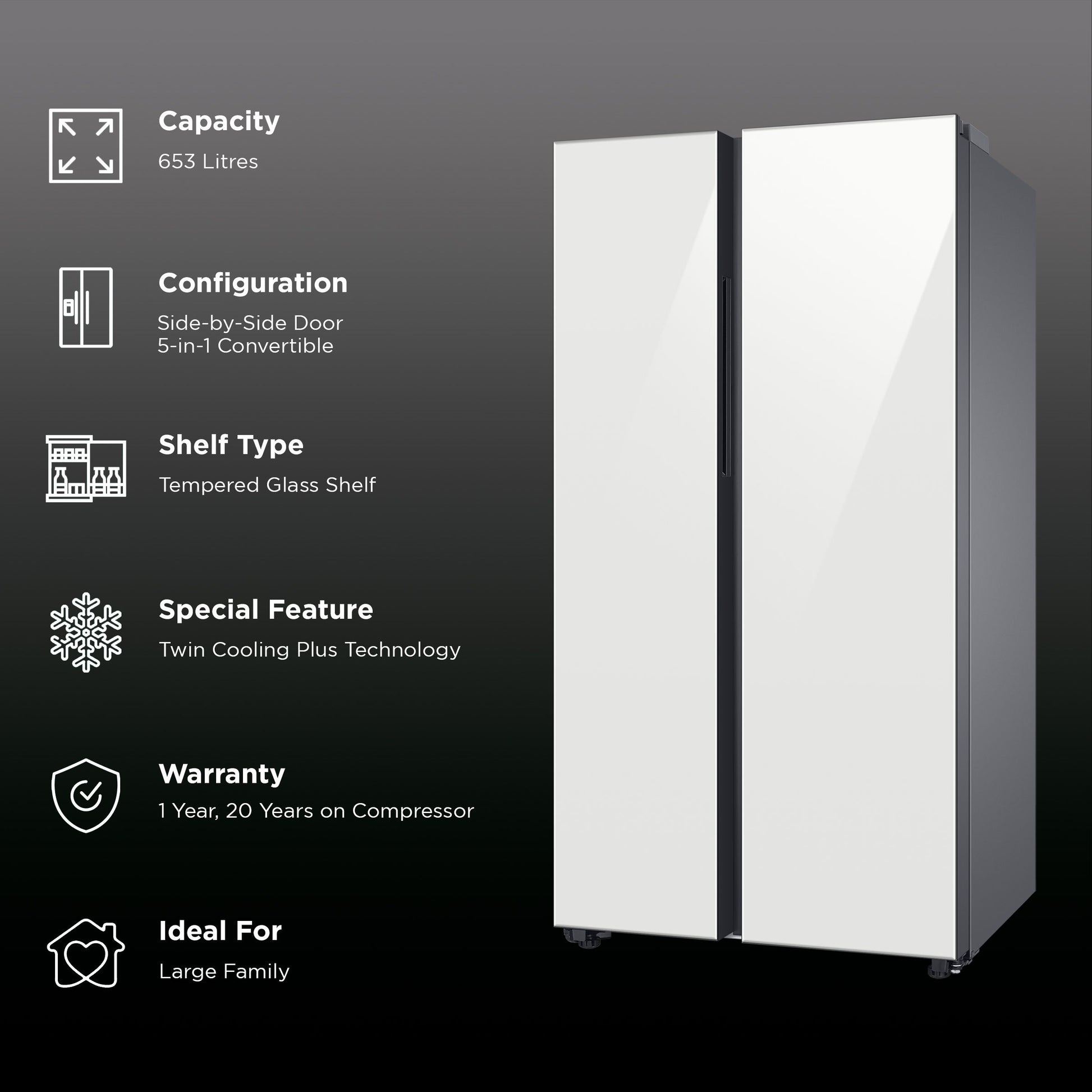 SAMSUNG 653 Litres 3 Star Auto Defrost Side by Side Refrigerator with Twin Cooling Plus (RS76CB811312HL, Clean White)