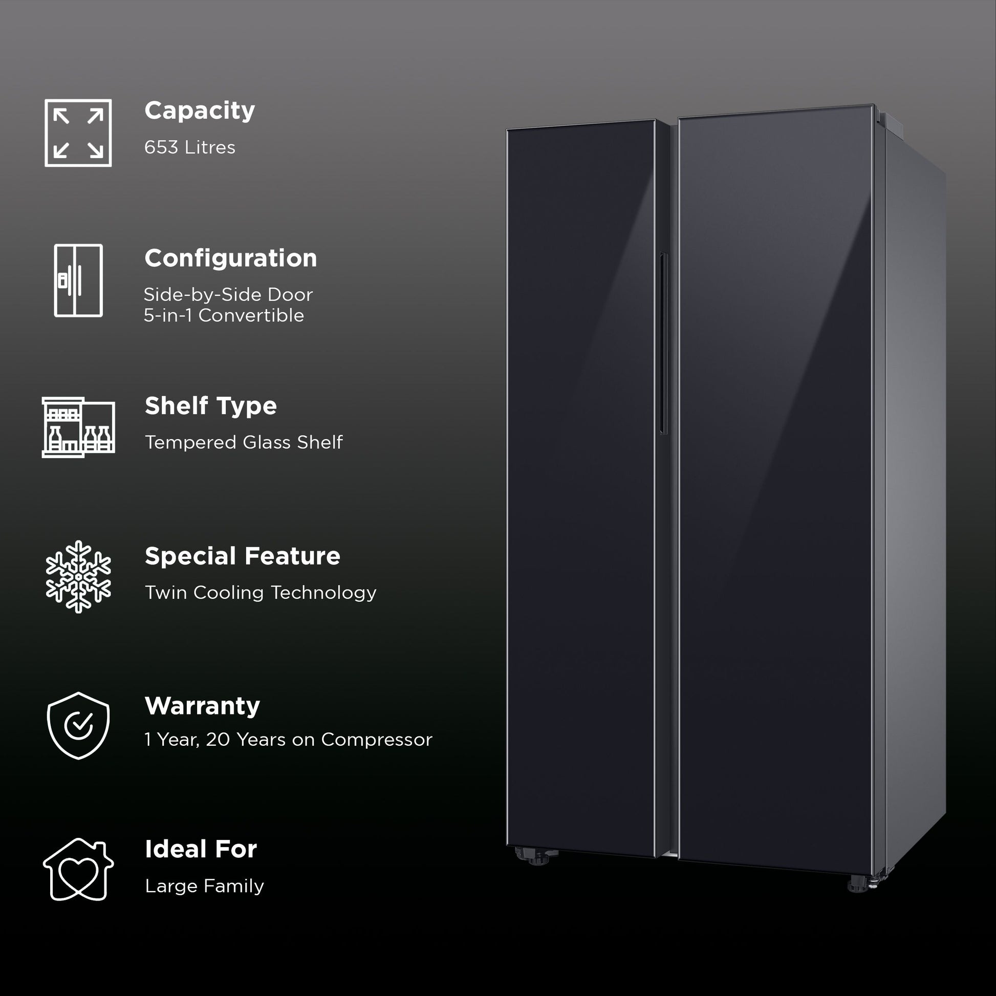 SAMSUNG 653 Litres 3 Star Side by Side Refrigerator with AI Energy Mode (RS76CB811333HL, Glam Deep Charcoal)