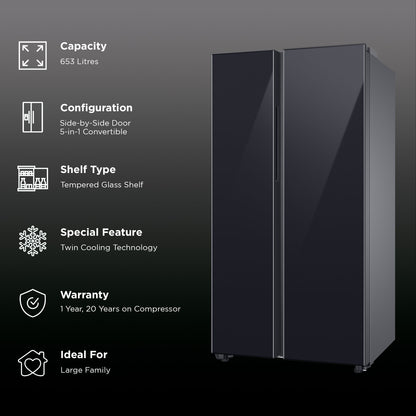SAMSUNG 653 Litres 3 Star Side by Side Refrigerator with AI Energy Mode (RS76CB811333HL, Glam Deep Charcoal)