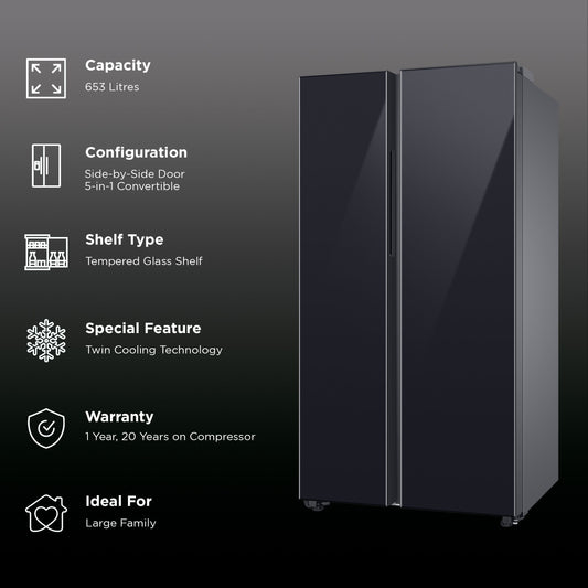 SAMSUNG 653 Litres 3 Star Side by Side Refrigerator with AI Energy Mode (RS76CB811333HL, Glam Deep Charcoal)