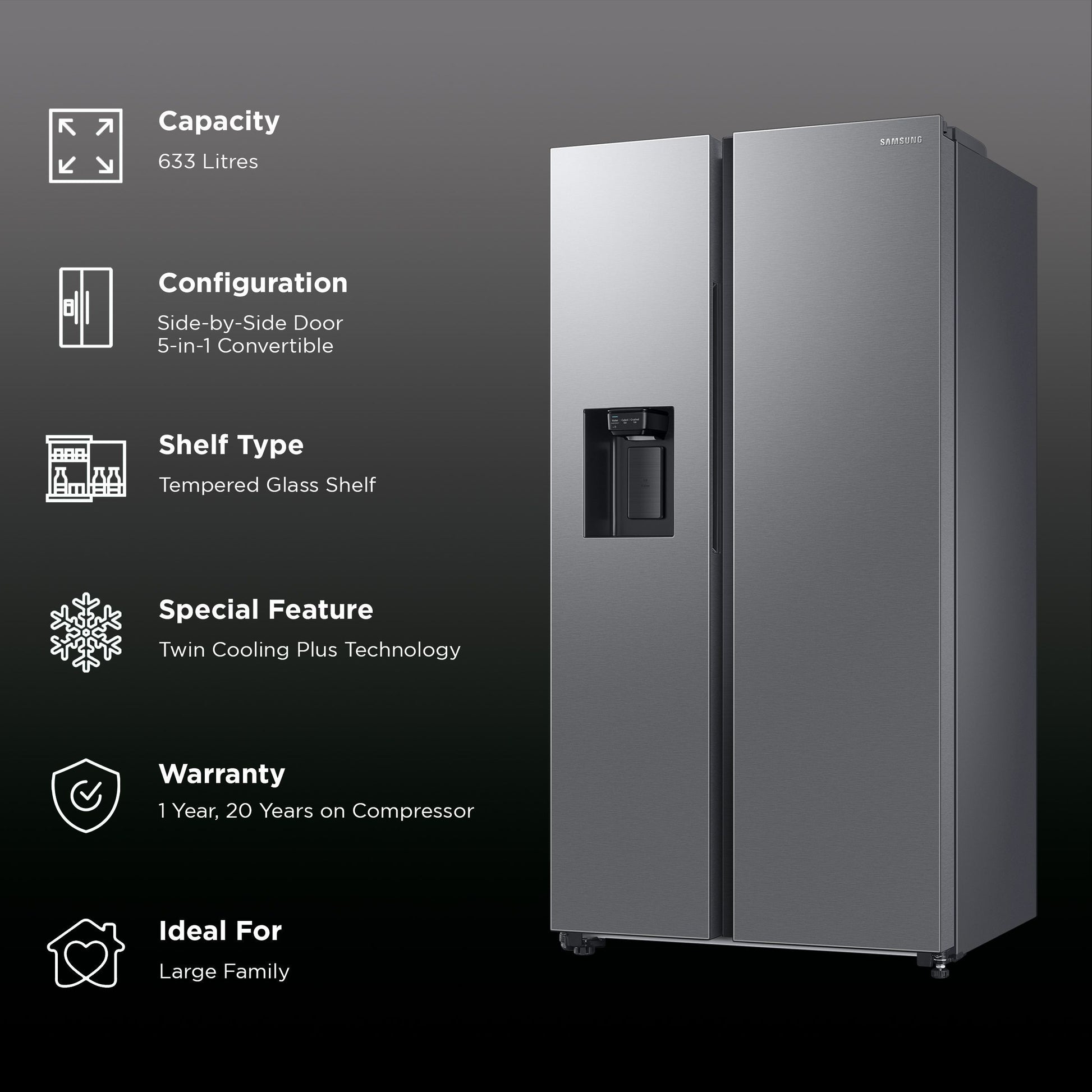 SAMSUNG 633 Litres 3 Star Auto Defrost Side by Side Refrigerator with Twin Cooling Plus (RS78CG8543SLHL, EZ Clean Steel)