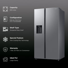 SAMSUNG 633 Litres 3 Star Auto Defrost Side by Side Refrigerator with Twin Cooling Plus (RS78CG8543SLHL, EZ Clean Steel)