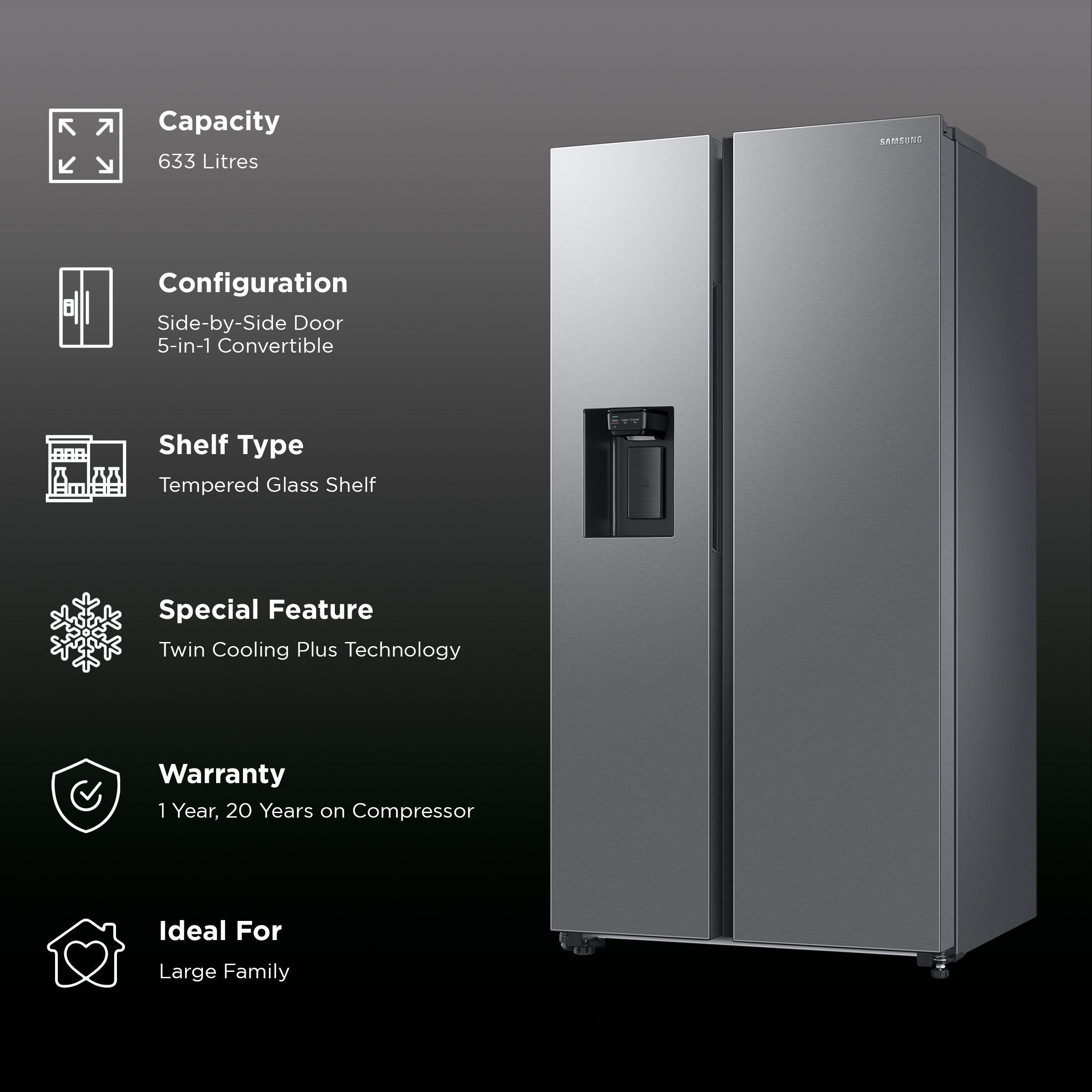 SAMSUNG 633 Litres 3 Star Auto Defrost Side by Side Refrigerator with Twin Cooling Plus (RS78CG8543SLHL, EZ Clean Steel)