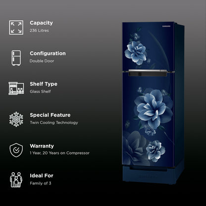 SAMSUNG 236 Litres 2 Star Frost Free Double Door Refrigerator with Digital Inverter Technology (RT28C3122CU/HL, Camellia Blue)