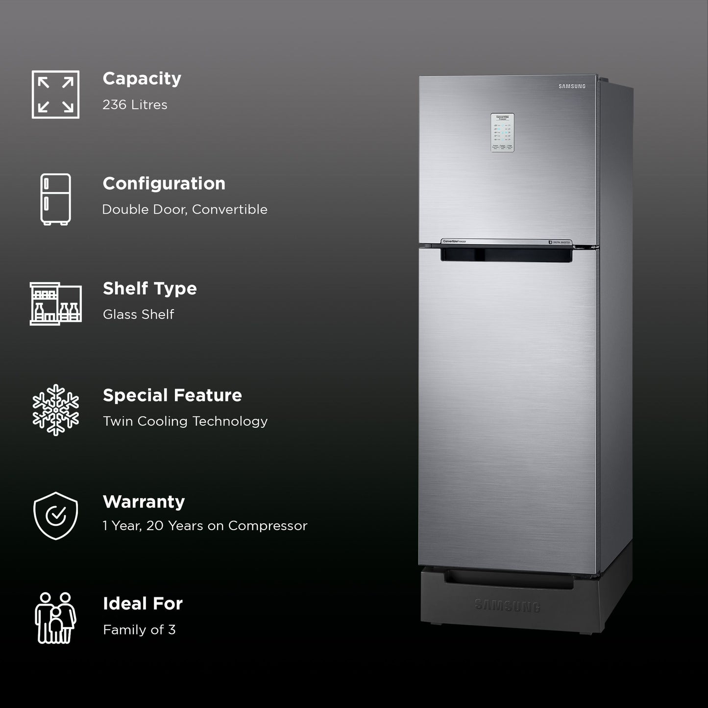 SAMSUNG 236 Litres 2 Star Auto Defrost Double Door Convertible Refrigerator with Convertible Freezer (RT28C3832S8/HL, Elegant Inox)