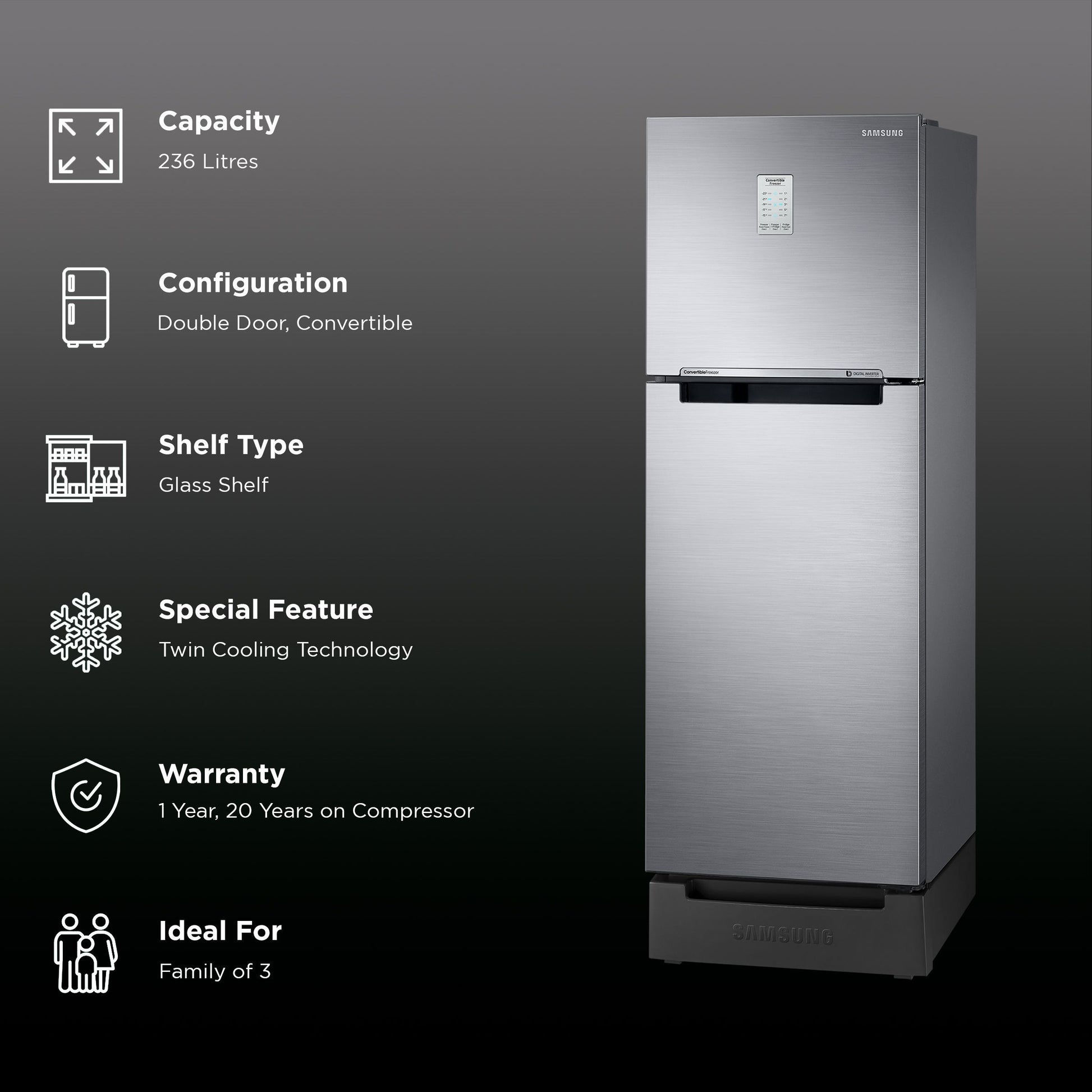 SAMSUNG 236 Litres 2 Star Auto Defrost Double Door Convertible Refrigerator with Convertible Freezer (RT28C3832S8/HL, Elegant Inox)