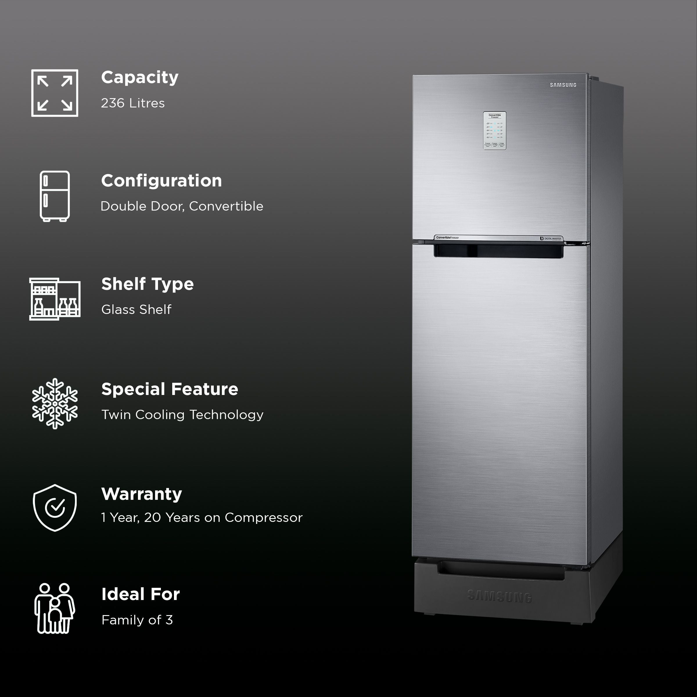 SAMSUNG 236 Litres 2 Star Auto Defrost Double Door Convertible Refrigerator with Convertible Freezer (RT28C3832S8/HL, Elegant Inox)