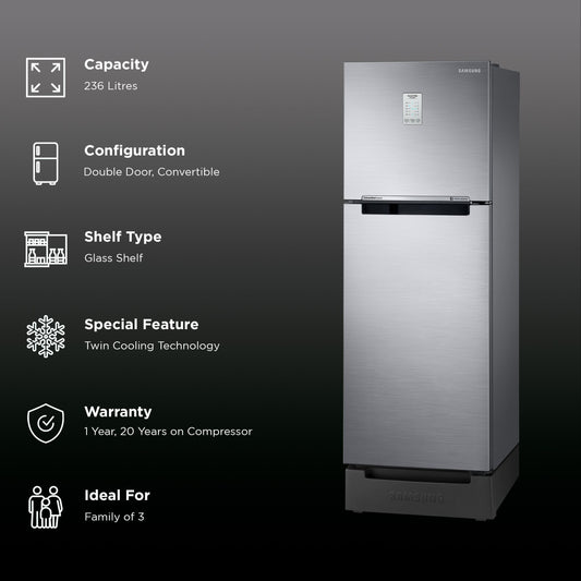 SAMSUNG 236 Litres 2 Star Auto Defrost Double Door Convertible Refrigerator with Convertible Freezer (RT28C3832S8/HL, Elegant Inox)